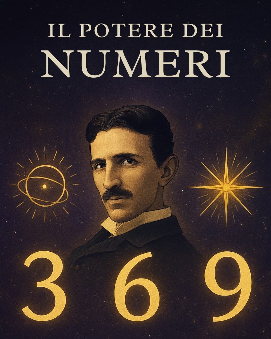 Immagine che mostra Nikola Tesla, il testo "il Potere dei Numeri" e i numeri 3,6 e 9